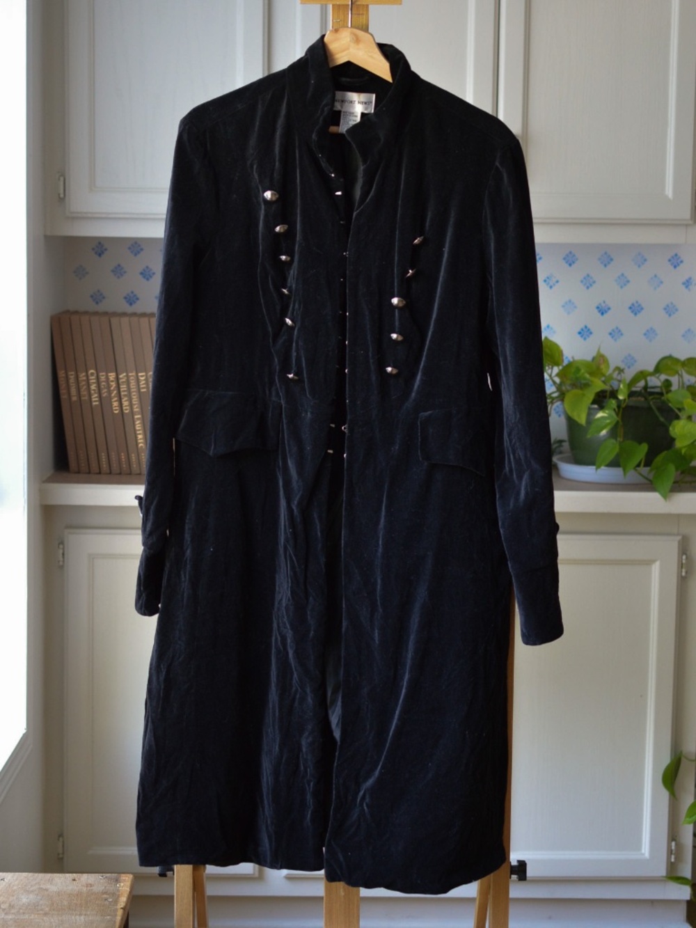Vintage Newport News Velvet Longline Gothic Trench Coat Silver Button